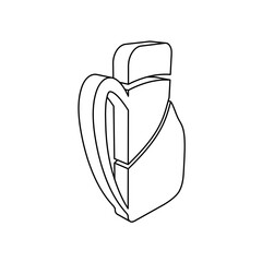 The outline of a large travel backpack symbol is made with black lines. 3D view of the object in perspective. Vector illustration on white background