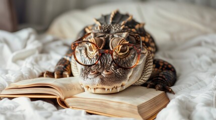 Obraz premium Cute crocodile with glasses reading a book.