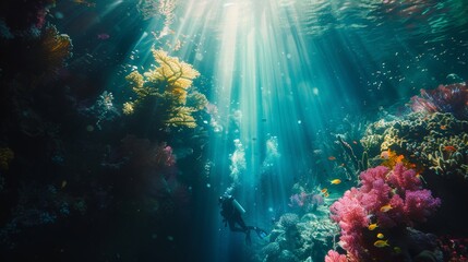 Fototapeta premium A diver exploring a vibrant coral reef illuminated by a single beam of sunlight penetrating through the water, creating a magical underwater scene
