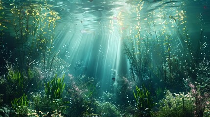 A serene underwater landscape with various marine plants and creatures, bathed in the soft glow of sunlight filtering through the surface