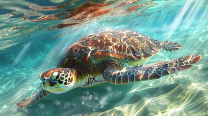 Fototapeta premium A majestic sea turtle gliding through crystal-clear waters, with sunlight streaming down and highlighting the intricate patterns on its shell