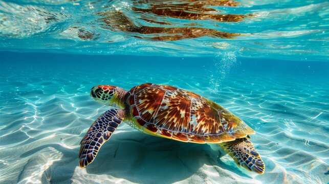 A majestic sea turtle gliding through crystal-clear waters, with sunlight streaming down and highlighting the intricate patterns on its shell