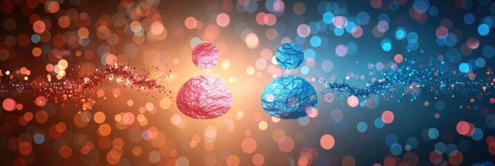 Abstract artistic representation of quantum particles in vibrant red and blue hues, interconnected by luminous trails against a bokeh background.