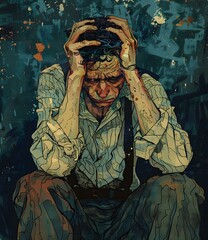 Naklejka premium An illustration of a man holding his head in his hands
