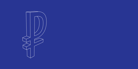 The outline of a large ruble symbol made of white lines on the left. 3D view of the object in perspective. Vector illustration on indigo background