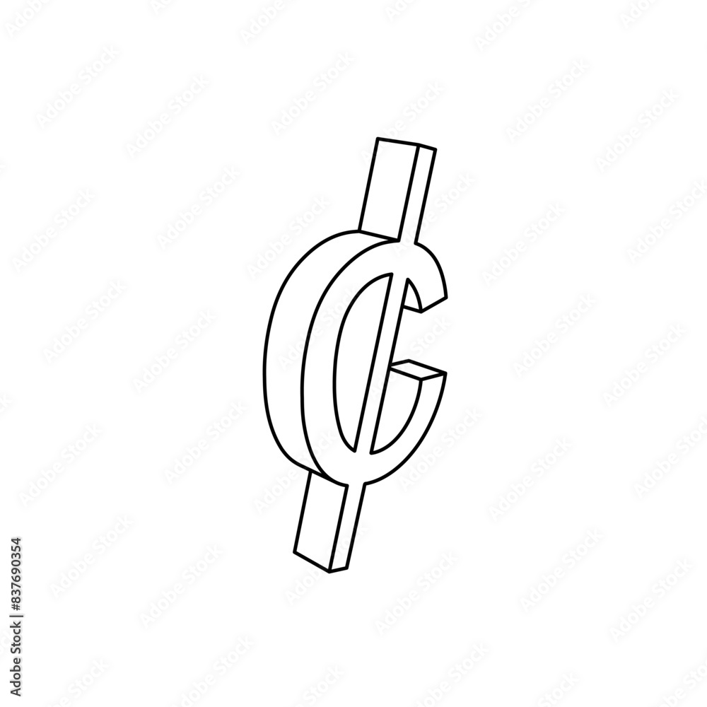 Poster the outline of a large cent symbol is made with black lines. 3d view of the object in perspective. v