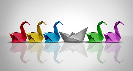 Underperformance concept as an basic undeveloped outsider as a paper boat in a group of highly...