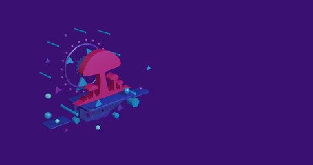 Pink mushrooms symbol on a pedestal of abstract geometric shapes floating in the air. Abstract concept art with flying shapes on the left. 3d illustration on deep purple background