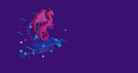 Pink dragon symbol on a pedestal of abstract geometric shapes floating in the air. Abstract concept art with flying shapes on the left. 3d illustration on deep purple background