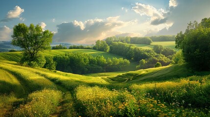 Obraz premium Serene Countryside Landscape: Capture the peacefulness and natural beauty of a countryside landscape,