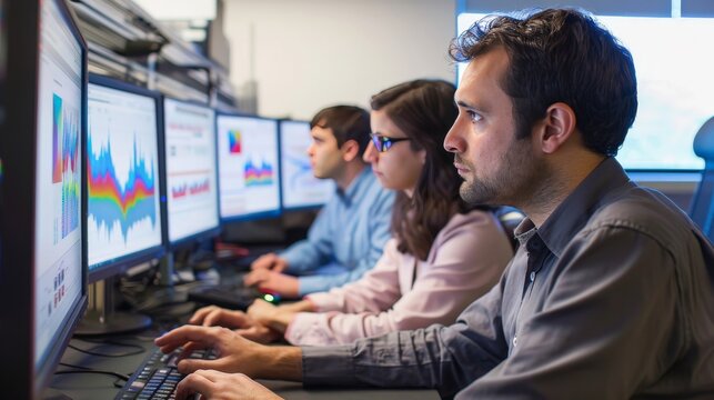 A group of researchers analyzing mathematical data visualizations on multiple monitors in a tech lab