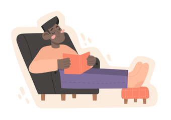 Boy sitting in armchair with book. Cute vector illustration of reading young man