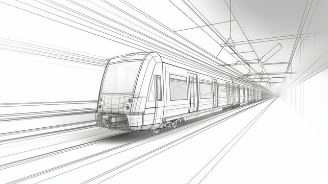 Detailed line drawing of a modern train speeding through a tunnel, illustrating advanced transportation design and engineering.