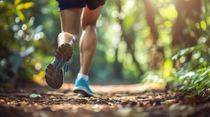 A close-up view of a runner's feet in blue sneakers on a forest trail with natural bokeh backdrop