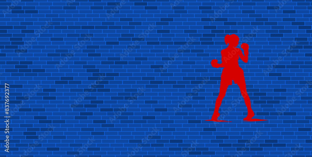 Wall mural blue brick wall with large red boxer girl symbol. the symbol is located on the right, on the left th