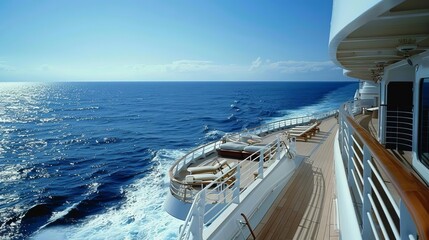Cruise travel, luxury cruise ship on open sea, passengers enjoying deck activities, scenic views