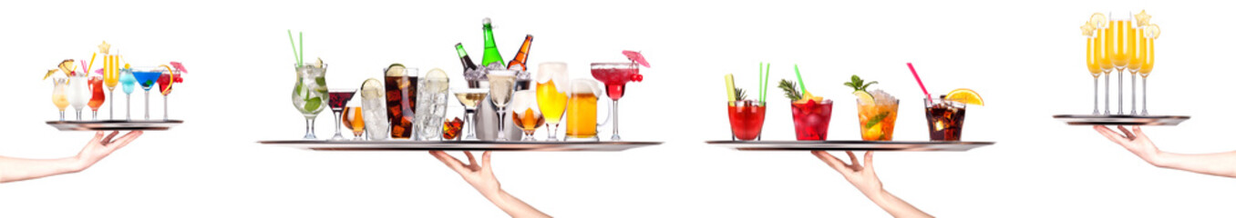 Hand holding tray with different alcohol cocktails isolated on white background