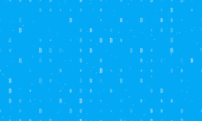 Seamless background pattern of evenly spaced white bitcoin symbols of different sizes and opacity. Vector illustration on light blue background with stars