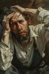 Fototapeta premium Portrait of a man with a beard and his hands on his head