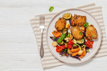 baked chicken thighs with veggies, olives, feta