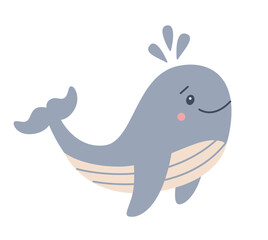 Obraz premium Flat vector illustration in children's style. Cute whale with smiling face on white background
