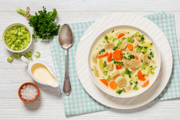 Knoephla soup, german dumpling soup in a bowl