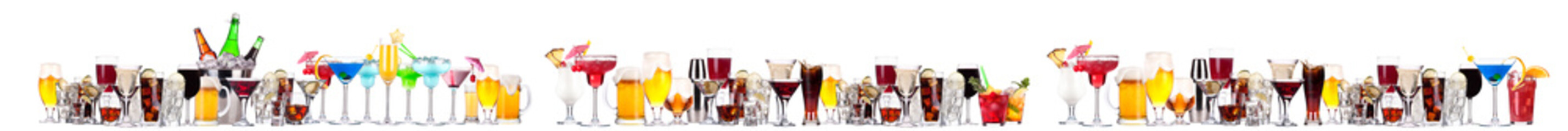 Different alcohol cocktails like beer, martini, soda, champagne, whiskey