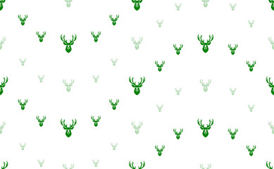 Seamless pattern of large and small green deer head symbols. The elements are arranged in a wavy. Illustration on light green background