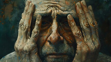 Portrait of an old man with hands on his face