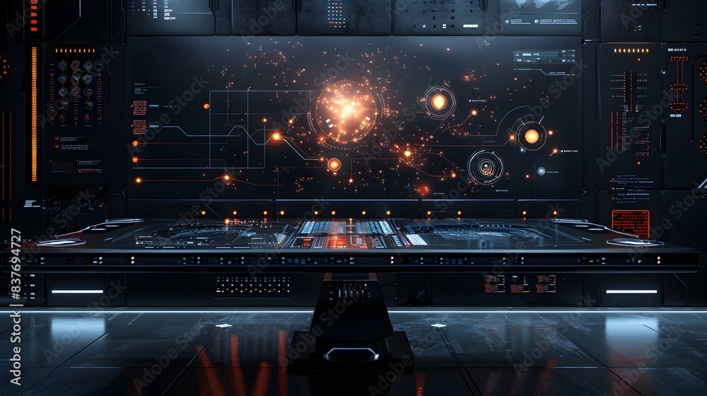 Poster sleek black futuristic table with digital interface background for displaying high tech electronics 