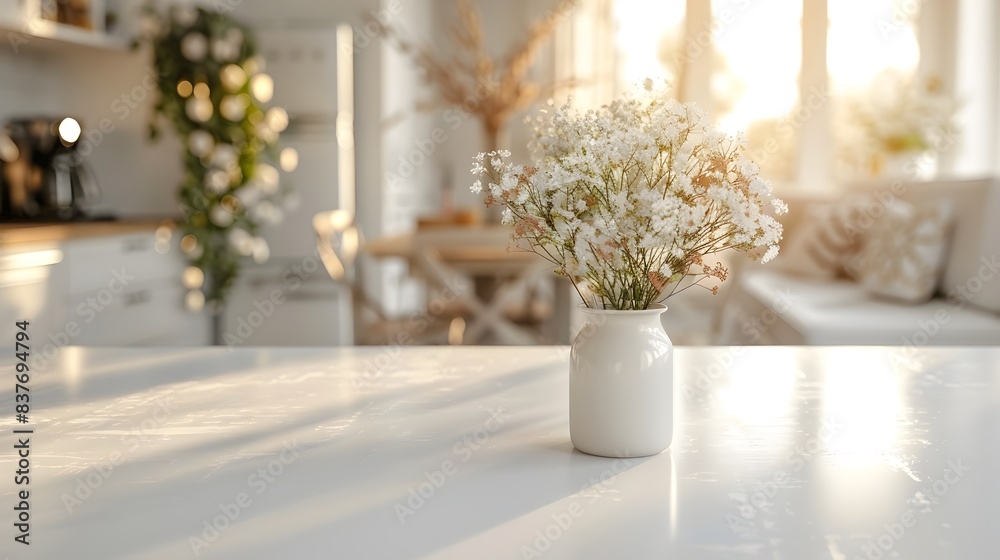 Sticker cozy home kitchen background with simple white table for product display