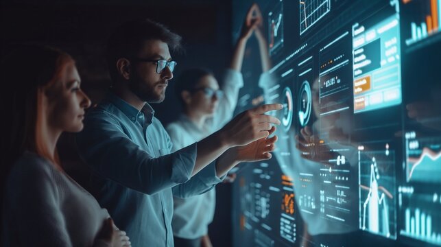 Digital Futures: Office Team Harnesses Holographic Technology to Analyze Data and Make business Decisions. Employees analyse the data and decide the direction of trade for profitable investments