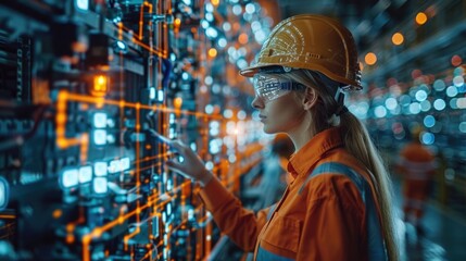 Female engineer wearing a helmet and safety gear working on a digital interface in an industrial setting with advanced technology.