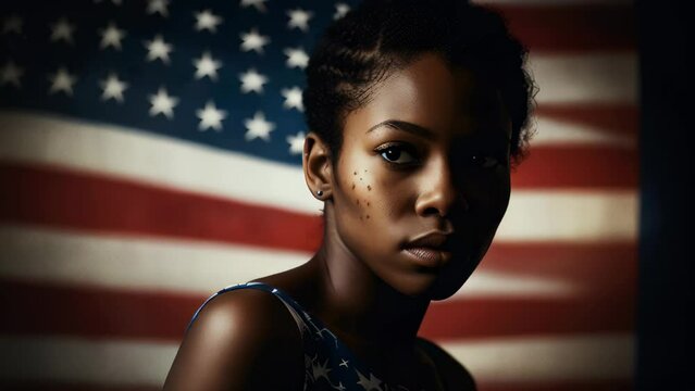 lose-up of Woman Black Ethnic with American Flag on The Backdrop with Copy Space Area. Suitable for Juneteenth Freedom Day, Black History Month etc.