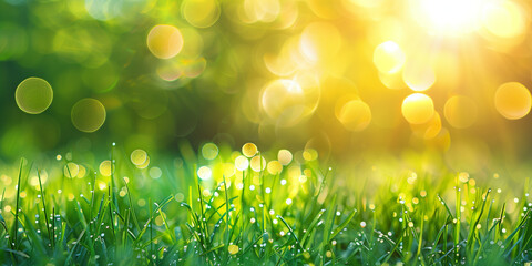 Obraz premium Beautiful Natural Background of Young Green Grass in Sunlight. A stunning close-up of young green grass bathed in the golden light of the setting sun. 