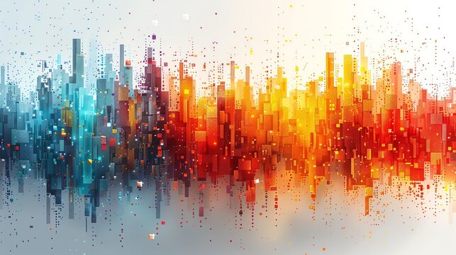 Editorial-style vector illustration of an abstract background with colorful pixel blocks, forming a digital grid pattern with rainbow squares, ideal for web, print, and social medi