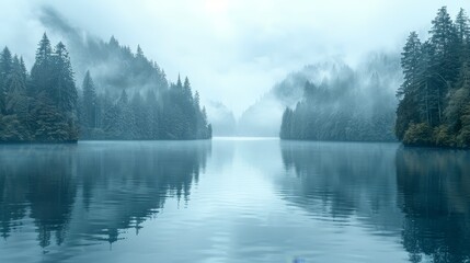 Fototapeta premium Amidst fog, a water body is enclosed by trees Sky holds sparse clouds and distant trees mirror opposite