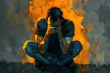 Obraz premium A man is sitting on the floor with his head in his hands