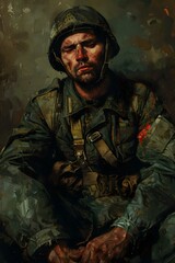 Fototapeta premium A Portrait of a Tired Soldier in a Painting