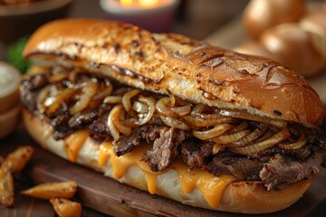 Philly Cheesesteak - Philly cheesesteak sandwich with melted cheese and onions. 