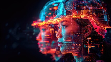 Futuristic engineers with helmets analyzing digital data overlay, symbolizing technology integration in modern industry.