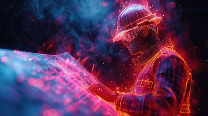 Neon glowing construction worker with safety gear analyzing digital blueprint in futuristic setting.