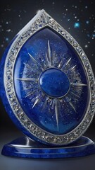 Fototapeta premium A deep sapphire blue and silver ceramic shield shaped like a starburst, with intricate patterns and 
