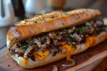 Philly Cheesesteak - Philly cheesesteak sandwich with melted cheese and onions. 