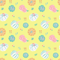 Seamless pattern with pumpkins in nursery style. Yellow background. Perfect for baby and children's clothing design. Home textiles, fabric print, baby shower, wrapping paper and kids apparel design.