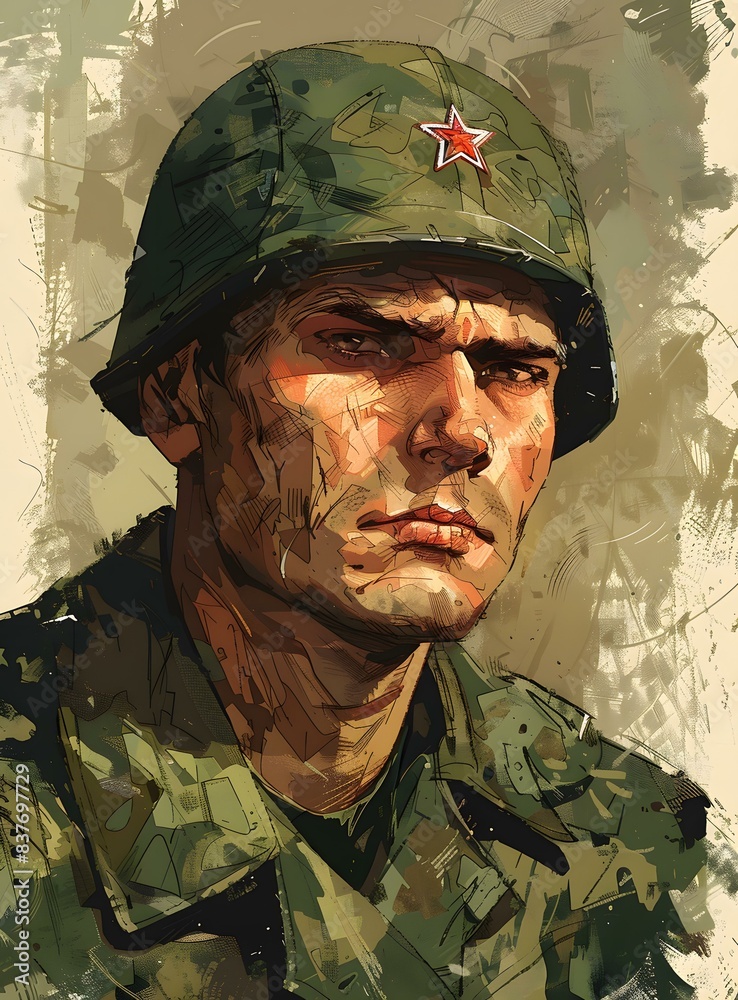 Wall mural Portrait of a soldier wearing a green helmet with a red star