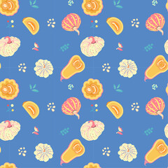 Seamless pattern with pumpkins in cartoon style. Blue background. Perfect for baby and children's clothing design. Home textiles, fabric print, baby shower, wrapping paper and Halloween party design.