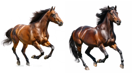 Set of Powerful Brown Horse Stallion Running with Flowing Mane, Isolated on Transparent Background
