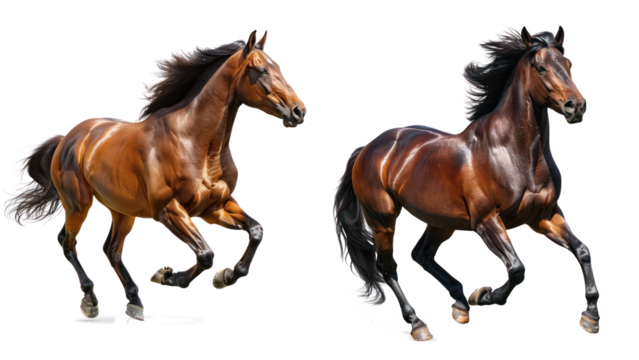 Set of Powerful Brown Horse Stallion Running with Flowing Mane, Isolated on Transparent Background