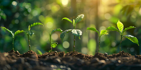 Seedlings ascend towards sunlight, showcasing the beauty of new life and growth, amidst a dreamy bokeh backdrop, ideal for themes of sustainability and hope. 